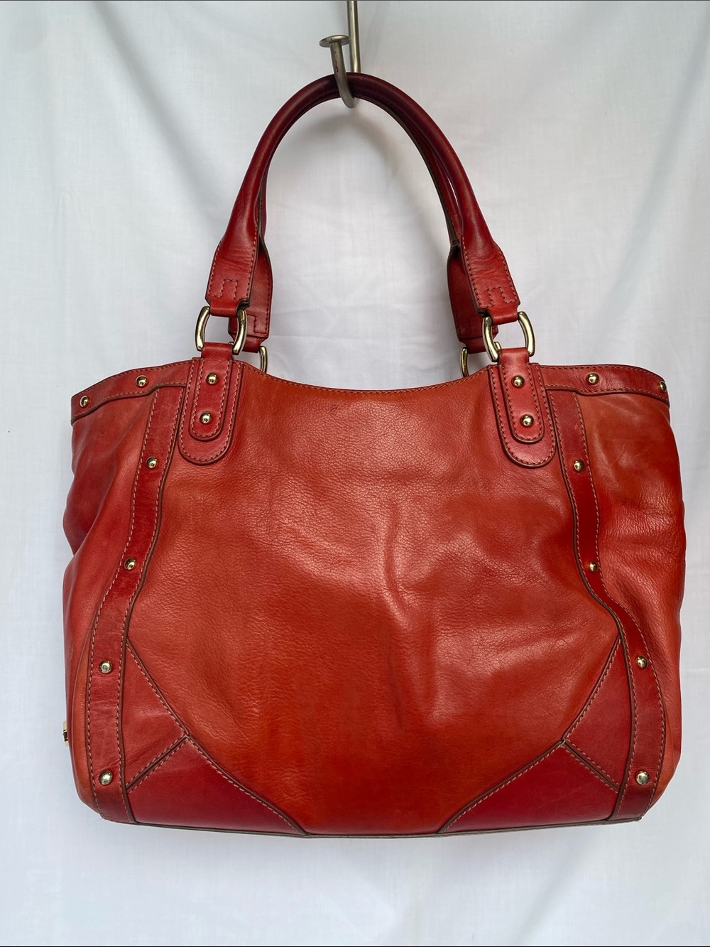 Cole Haan Red Leather Stud-Trim Tote Shoulder Bag